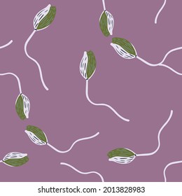 Seamless pattern in minimalistic style with doodle poppy bud flower shapes. Pastel purple background. Random print. Stock illustration. Vector design for textile, fabric, giftwrap, wallpapers.