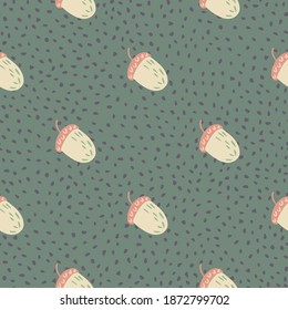 Seamless pattern in minimalistic style with forest acorn ornament. Pale green dotted background. Designed for fabric design, textile print, wrapping, cover. Vector illustration.