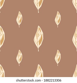 Seamless pattern in minimalistic style with light leaf ornament. Beige background. Simple backdrop. Flat vector print for textile, fabric, giftwrap, wallpapers. Endless illustration.