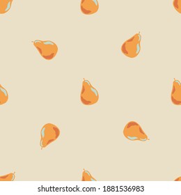 Nahtloses Muster im minimalistischen Stil mit orangefarbenen Birnen und grauem Hintergrund. Lebensmitteldruck. Stockillustration. Vektordesign für Textilien, Gewebe, Geschenkpapier, Wallpaper.