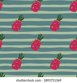 Nahtloses Muster im minimalistischen Stil mit rosafarbenem hellen Pitahaya-Ornament. hellblauer, gestreifter Hintergrund. Entworfen für Stoffdesign, Stoffdruck, Umhüllung, Abdeckung. Vektorgrafik.