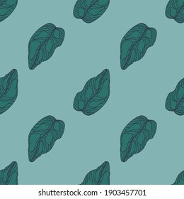 Seamless pattern in minimalistic style with turquoise leaves outline print. Blue background. Great for wallpaper, textile, wrapping paper, fabric print. Vector illustration.