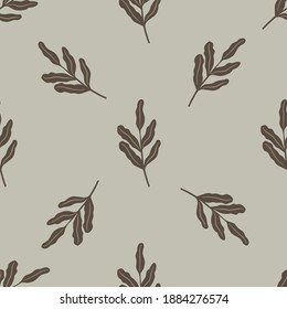 Patrón sin foco en un estilo minimalista con siluetas de ramas de hoja vintage. Obra de arte de color gris. Ilustración vectorial para impresiones textiles estacionales, tela, carteles, telas de fondo y papel pintado.