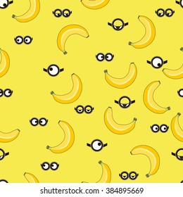 Seamless pattern with minion and Fresh banana fruits. Vector for packaging, clothing, T-shirts. Two eyes glasses or goggles. Cartoo, sight design, pop-eyed funny. Vector illustration