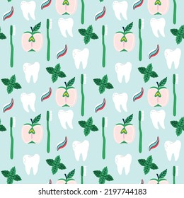 Seamless Pattern Mint Apple Toothpaste Toothbrush. Cartoon Stomatology Repeat Background. Dental Children Digital Paper For Wallpaper, Textile, Fabric Design