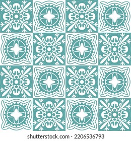 Seamless pattern mint blue pastel, repeating motif tile mosaic design pottery, portuguese style in pottery, vector illustration