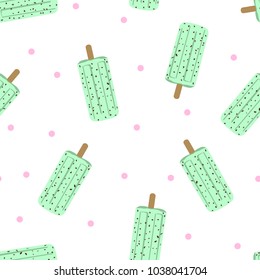seamless pattern mint chocolate chip ice cream bar with pink dot, vector illustration on white background