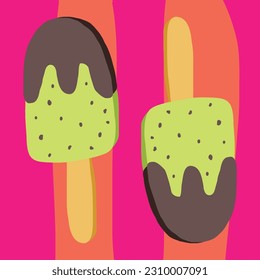 Seamless pattern mint chocolate chip ice cream bar Vector illustration on pink background