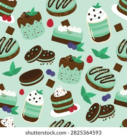 Seamless Pattern of Mint Chocolate Desserts and Sweets Vector Illustration