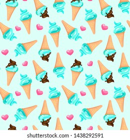 Seamless pattern with mint and chocolate ice cream. Cute baby background for clothes, room birthday decor, t-shirt print, kids wear fashion, baby shower invitation card, wrapping paper