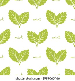 Seamless pattern with mint. Colorful paper cut culinary herbs isolated on white background. Doodle hand drawn vector illustration
