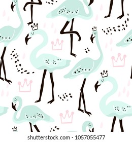 Seamless pattern with mint flamingo,crowns and hand drawn shapes. Creative kids texture for fabric, wrapping, textile, wallpaper, apparel. Vector illustration