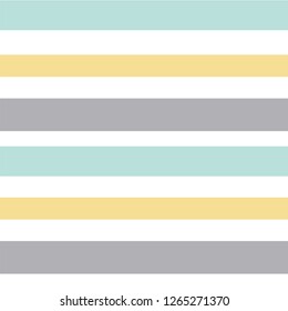 Seamless pattern of mint green, yellow, grey and white horizontal stripes. Great for textile print, invitations, wrapping paper, or packaging. Vector file.