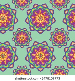 Patrón sin costuras con mandalas verde menta, amarillo y púrpura. Estilo oriental. Para el diseño de la tela, Fondos de pantalla, fondos, papel de envoltura, tela y alfombra. Abstractas textura geométrica de motivos planos.