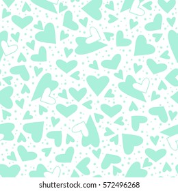 Seamless pattern of mint hearts on white background. Great for Valentine's Day, Mother's Day, Easter, wedding, scrapbook, gift wrapping paper, textiles. Vector illustration