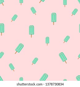 Seamless pattern of mint ice-creams  with colorful sweets. Isolated on a pink background