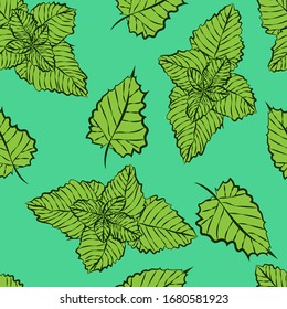The seamless pattern with mint leafs on the blue background EPS10