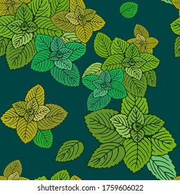Seamless pattern of mint leaves on a blue background.
