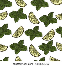 Seamless pattern of mint and lemon on white background.