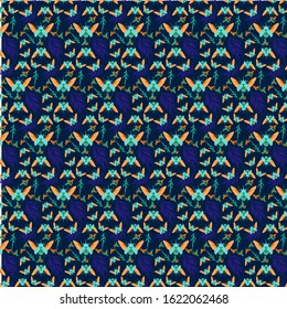 Seamless pattern. Mint orange beetle with horns and spread wings with tropical leaves and flowers on a dark blue background. Can be used as wallpaper, print on a T-shirt, postcard, poster, postcard