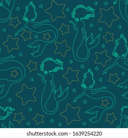 Seamless pattern with mint outlined mermaids' silhouettes and stars on dark green background. Beautiful vector texture.