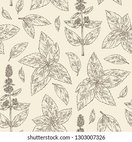 Seamless pattern with mint: plant and leaves of peppermint. Vector hand drawn illustration