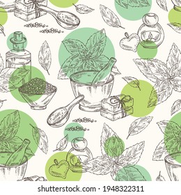 Patrón sin soldadura con menta: planta y hojas de menta. Aceite, jabón y sal de baño. Cosméticos y plantas médicas. Ilustración dibujada a mano por el vector