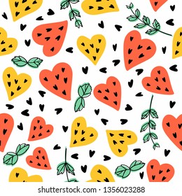 Seamless pattern with mint, yellow and coral watermelons hearts . Bright summer vector background.  