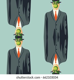 Seamless pattern of mirror reflection man with apple on the face. Vector illustration