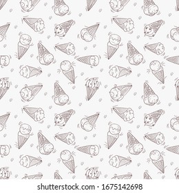 Seamless pattern. Miscellaneous Ice cream in a waffle cone. Caricature. Vector illustration. For packaging, brochures, advertising, design.