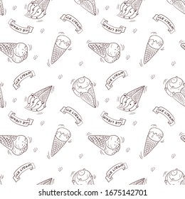 Seamless pattern. Miscellaneous Ice cream in a waffle cone. Caricature. Vector illustration. For packaging, brochures, advertising, design.