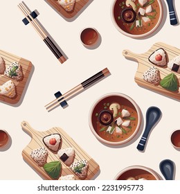 Seamless pattern with Miso soup and onigiri. Japanese food, healthy eating, cooking, menu concept. Vector illustration.