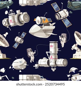 Patrón sin fisuras con la misión de astronautas en el espacio, galaxia, naves espaciales, geoestacionario, nave espacial, satélites, diseño de ilustración de Arte vectorial de la marina