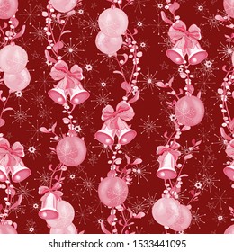 Seamless pattern with mistletoe branch, berries, bows, balls and snowflakes.Christmas background for festive season design, textile, print, wallpapers,advertisement. Vector.