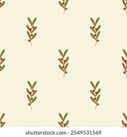 Seamless pattern with mistletoe branches and berries on light background.