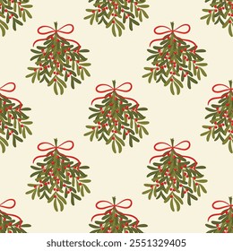 Seamless pattern with mistletoe branches, berries and red bow on a light background.