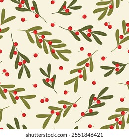 Padrão sem costura com ramos de visco e bagas em um fundo claro.