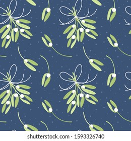 Seamless pattern with mistletoe branches and bouquet. Christmas floral background.