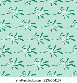 Patrón sin foco con ramas de mistletoe. Fondo de Navidad, hermoso adorno botánico. Ilustración vectorial para papel, textil, scrapbooking.
