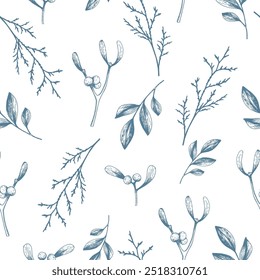 Seamless pattern with mistletoe, branches and leaves. Winter holiday design for greeting cards, invitations, and posters.