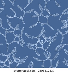 Seamless pattern with mistletoe branches. Monochrome vector illustration in engraving style.