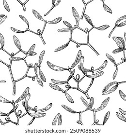 Seamless pattern with mistletoe branches. Monochrome vector illustration in engraving style.