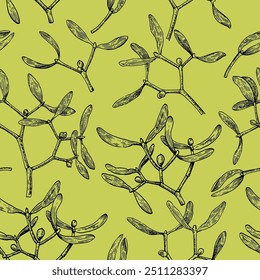 Seamless pattern with mistletoe branches. Monochrome vector illustration in engraving style.