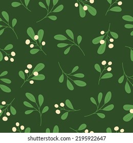 Seamless pattern with mistletoe branches on green background. Good for fabric, wallpaper, packaging, textile, web design. Vector illustration