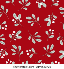Seamless pattern with mistletoe branches on red background. Good for fabric, wallpaper, packaging, textile, web design. Vector illustration