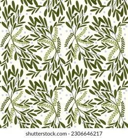 seamless pattern with mistletoe. branches with small leaves. mistletoe scattered over a light background.