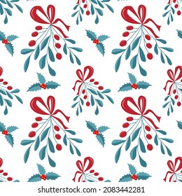 Seamless pattern of mistletoe and holly branches for the holiday. Vector illustration for background, decor, fabrics and postcards