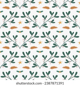 Seamless pattern with mistletoe and holly. Modern Christmas symmetrical ornament in folk style. Hand drawn vector illustration