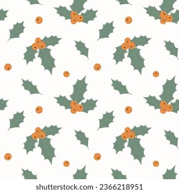 Seamless pattern with mistletoe leaves and berries. Vector illustration in a flat style.