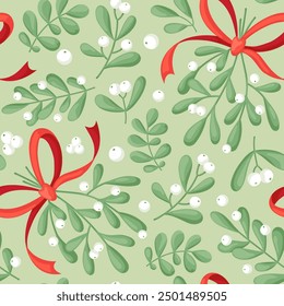 Seamless pattern with mistletoe, leaves, branches, berries on green background. Cute Chrisrmas ornament. Perfect for fabric, scrapbooking, banner, card, wrapping paper, textile, wallpaper, apparel.